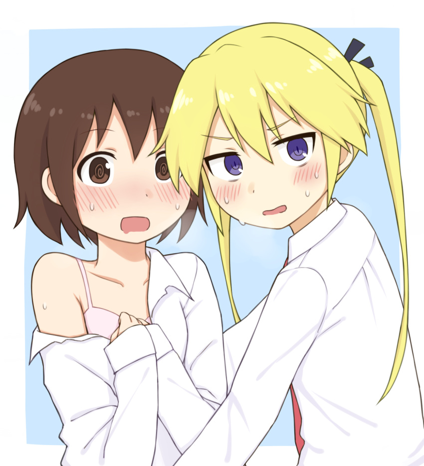 2girls @_@ bangs black_ribbon blonde_hair blue_background border bra brown_eyes brown_hair caught collarbone collared_shirt commentary_request disconnected_mouth embarrassed eyebrows_visible_through_hair hair_between_eyes hair_ribbon hands_up highres kill_me_baby long_hair long_sleeves looking_at_viewer mohya multiple_girls necktie open_clothes open_mouth open_shirt oribe_yasuna outside_border pink_bra purple_eyes red_neckwear ribbon school_uniform shirt short_hair sonya_(kill_me_baby) sweat twintails underwear upper_body wavy_mouth white_border white_shirt