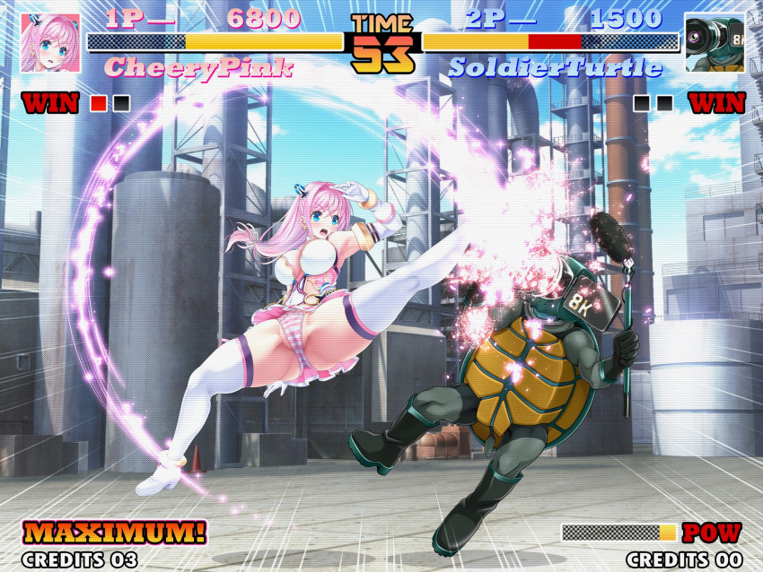 1boy 1girl aigan_tenshi_cheery_pink blue_eyes boots breasts cheery_pink day elbow_gloves fake_screenshot fighting_game gloves health_bar highres jumping kicking large_breasts long_hair low-tied_long_hair magical_girl miniskirt outdoors panties pink_hair pink_panties pink_skirt pleated_skirt skirt striped striped_panties thigh_boots thighhighs underwear user_interface v-mag white_footwear white_gloves