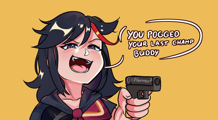 1girl 7fennec7 artist_name bangs black_hair blue_eyes blush breasts collarbone commentary english_text grin gun handgun holding holding_gun holding_weapon kill_la_kill looking_at_viewer matoi_ryuuko meme multicolored_hair open_mouth orange_background pistol school_uniform serafuku shirt short_hair smile solo two-tone_hair weapon