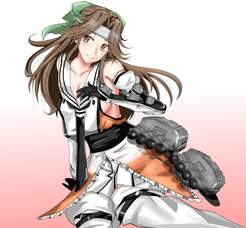 1girl black_neckwear brown_eyes brown_hair commentary_request detached_sleeves double-breasted elbow_gloves forehead_protector gloves hachimaki hair_intakes half_updo headband highres jintsuu_(kantai_collection) kantai_collection long_hair looking_at_viewer necktie pleated_skirt remodel_(kantai_collection) sailor_collar school_uniform serafuku shirt shutenndouji1 sitting skirt sleeveless sleeveless_shirt solo thighhighs white_sailor_collar white_skirt yokozuwari