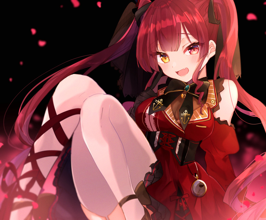 andou_uiro bicolored_eyes dress hololive houshou_marine long_hair red_eyes red_hair thighhighs twintails yellow_eyes