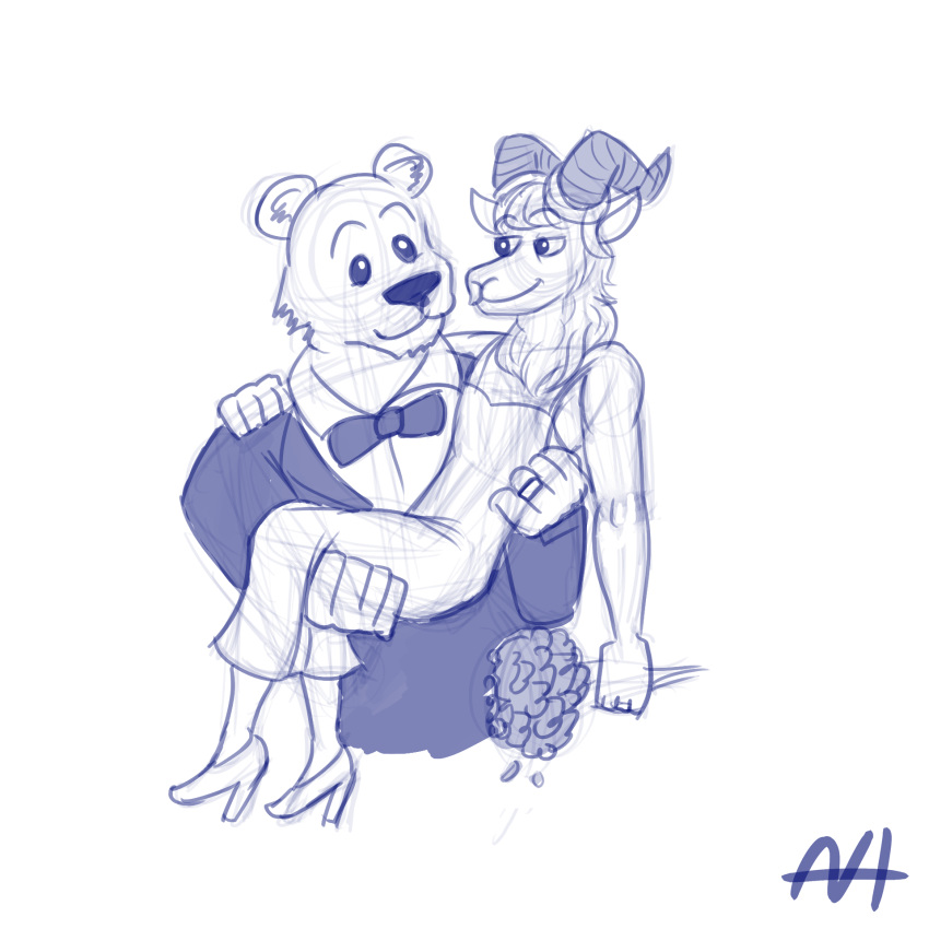 1:1 aleks_howes anthro beastars black_tie_(suit) blue_and_white bovid bow_tie caprine clothed clothing crossdressing dress duo flower footwear fully_clothed fur hi_res high_heels male male/male mammal monochrome pina_(beastars) plant riz_(beastars) sheep shoes simple_background staring_into_eyes suit ursid wedding wedding_dress white_background wool_(fur)