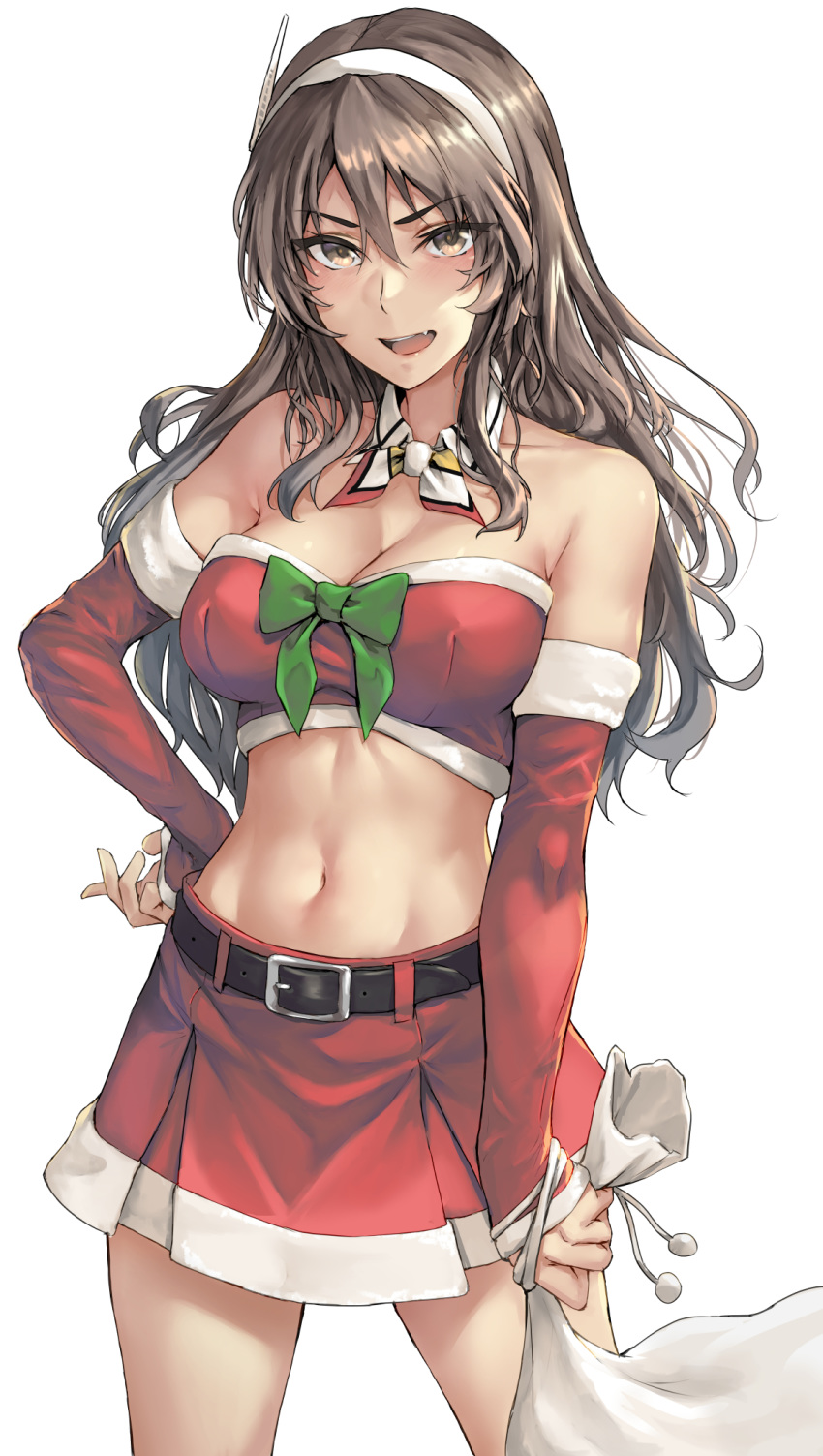 1girl ashigara_(kantai_collection) bandeau bare_shoulders belt belt_buckle black_belt blush breasts brown_eyes brown_hair buckle cleavage collarbone cowboy_shot detached_collar fang hair_between_eyes hairband highres horned_headwear kantai_collection kokuzou large_breasts long_hair navel open_mouth sack santa_costume simple_background smile solo strapless tubetop white_background white_hairband