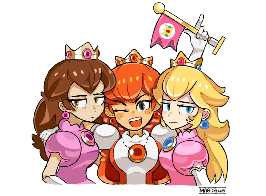 3girls annoyed blonde_hair blue_eyes breasts brown_eyes brown_hair crown dress english_commentary flag freckles grey_eyes highres holding holding_flag looking_to_the_side mag_(magdraws) mario_(series) medium_breasts multicolored multicolored_clothes multicolored_dress multiple_girls one_eye_closed orange_dress pink_dress princess_peach super_mario_bros. super_mario_bros._3 white_background white_dress