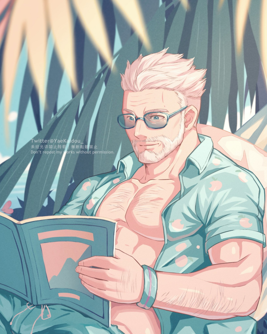 1boy alternate_costume aqua_eyes aqua_shirt arm_hair bara bare_pecs beard book chest_hair collared_shirt facial_hair fate/grand_order fate_(series) hairy highres holding holding_book looking_down male_focus muscle old_man open_book open_clothes open_magazine open_shirt repost_notice shirt short_hair solo summer sunglasses tree_branch upper_body white_hair william_tell_(fate/grand_order) yaosan233