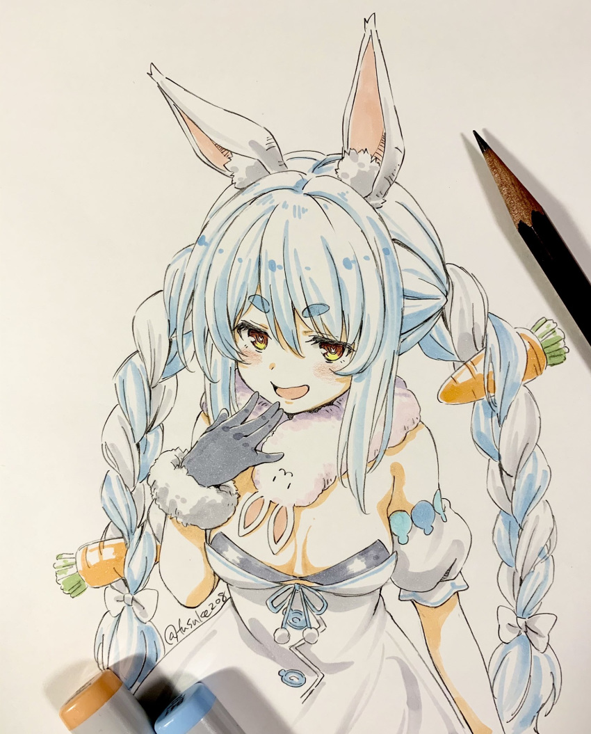 1girl animal_ear_fluff animal_ears artist_name bangs black_gloves blue_hair braid breasts bunny_ears cleavage fuusuke_(fusuke208) gloves hair_between_eyes hand_on_own_chin highres hololive leaning_forward looking_at_viewer marker marker_(medium) multicolored_hair photo_(medium) small_breasts solo traditional_media twin_braids usada_pekora virtual_youtuber white_background white_hair