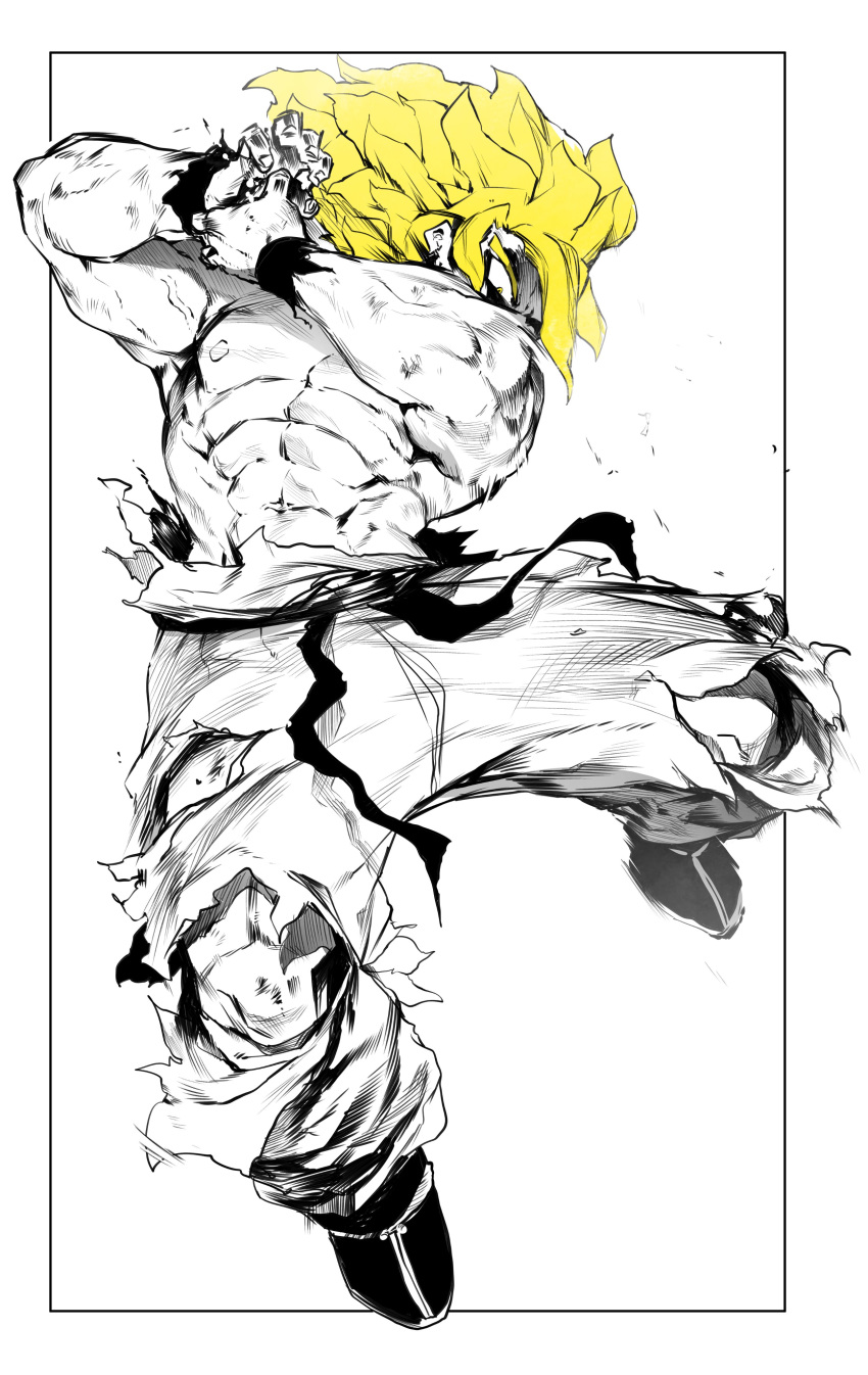 1boy abs absurdres blonde_hair dougi dragon_ball dragon_ball_z greyscale highres male_focus monochrome muscle niwarizumu pants pectorals shirtless simple_background solo son_goku spiked_hair spot_color super_saiyan torn_clothes torn_pants yellow_eyes