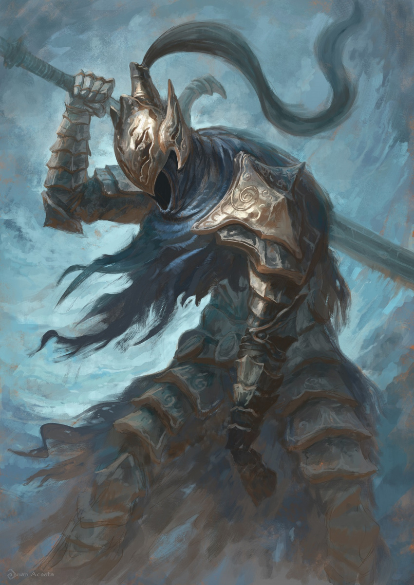 1boy armor artorias_the_abysswalker dark_souls full_armor gauntlets greaves helm helmet highres holding holding_sword holding_weapon male_focus over_shoulder painterly pauldrons shoulder_armor signature solo souls_(from_software) sword sword_over_shoulder torn torn_clothes vambraces warhuan weapon weapon_over_shoulder