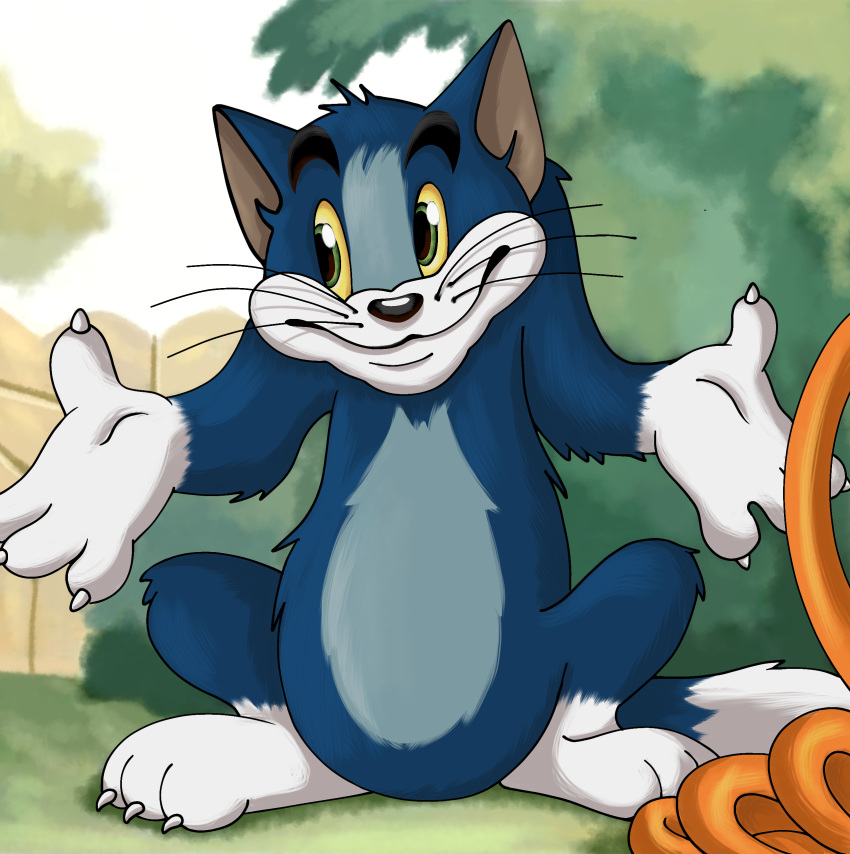 2020 absurd_res blue_body blue_fur clarissa_arts claws digital_drawing_(artwork) digital_media_(artwork) domestic_cat felid feline felis feral fur grass green_eyes hi_res male mammal meme metro-goldwyn-mayer outside reaction_image redraw shrug smile solo thomas_cat tom_and_jerry whiskers white_body white_fur