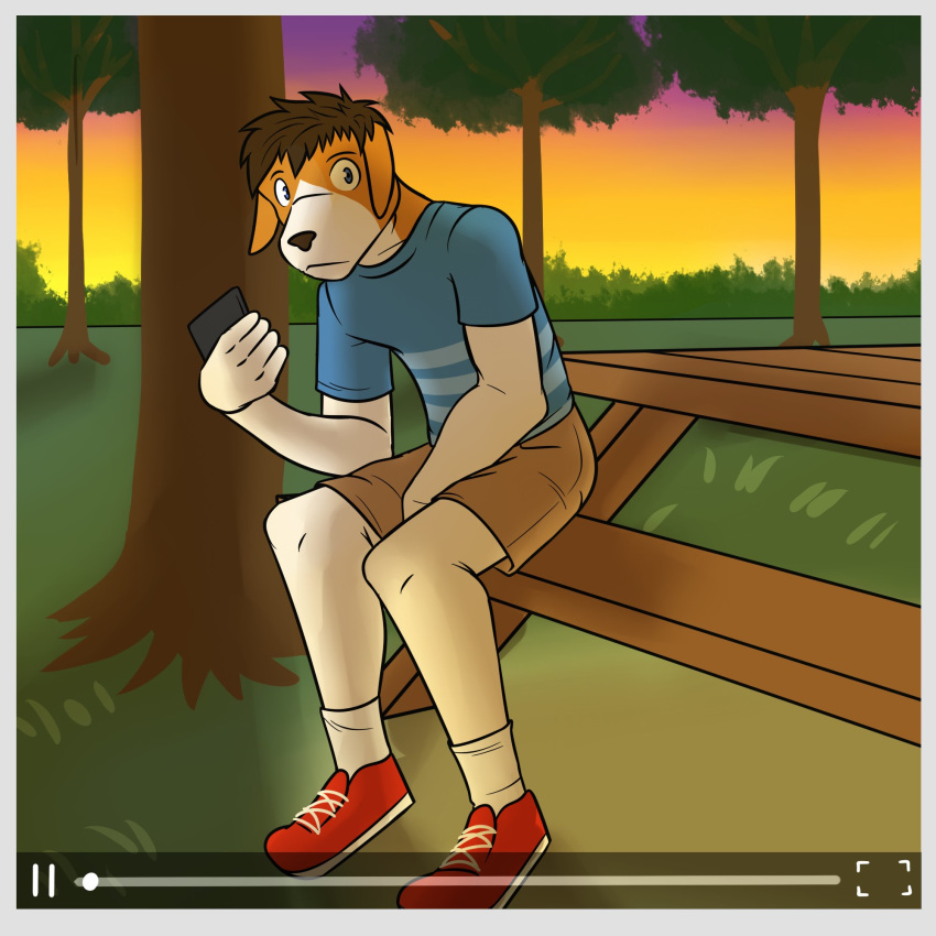 1:1 anthro bottomwear camera_view canid canine canis cellphone clothed clothing domestic_dog footwear fully_clothed fuze hi_res holding_cellphone holding_object holding_phone male mammal outside park_bench phone shirt shoes shorts sitting socks solo sunset t-shirt topwear