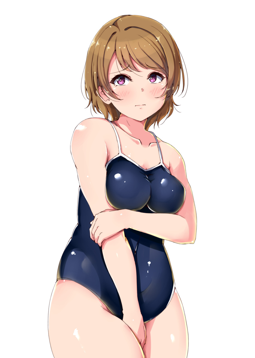 1girl absurdres arm_under_breasts bangs bare_arms bare_shoulders blue_swimsuit blush breast_squeeze breasts brown_hair closed_mouth collarbone competition_school_swimsuit covered_navel covering covering_crotch cowboy_shot embarrassed eyebrows_visible_through_hair furrowed_eyebrows highres holding_arm koizumi_hanayo love_live! love_live!_school_idol_project medium_breasts messy_hair one-piece_swimsuit purple_eyes school_swimsuit shinonon_(iso_shino) shiny shiny_clothes shiny_hair shiny_skin shiny_swimsuit short_hair simple_background skin_tight skindentation solo spaghetti_strap swept_bangs swimsuit thick_thighs thighs white_background