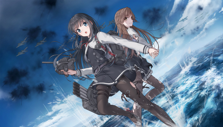 2girls aircraft airplane arashio_(kantai_collection) asashio_(kantai_collection) belt belt_buckle black_belt black_dress black_hair black_legwear blue_eyes brown_eyes brown_hair buckle day dress eyebrows_visible_through_hair kantai_collection long_hair long_sleeves machinery multiple_girls ocean open_mouth pantyhose pinafore_dress rankebu remodel_(kantai_collection) rigging shirt standing standing_on_liquid torn_clothes torn_legwear torpedo turret white_shirt