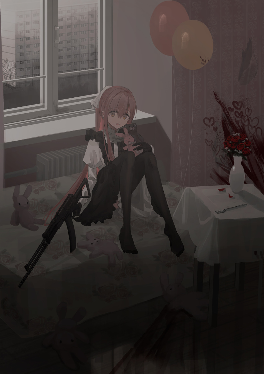 1girl :d absurdres aek-971 apron balloon bangs black_dress black_gloves black_legwear blood bow brown_eyes chihuri commentary_request dress eyebrows_visible_through_hair flower fork gloves gun hair_between_eyes hair_ribbon heart highres holding holding_gun holding_weapon indoors juliet_sleeves knees_up long_hair long_sleeves no_shoes open_mouth original petals pink_hair ponytail puffy_sleeves radiator red_flower red_rose ribbon rose shirt sidelocks sitting sleeveless sleeveless_dress smile solo stuffed_animal stuffed_bunny stuffed_toy table teddy_bear thighhighs vase very_long_hair waist_apron weapon white_apron white_bow white_flower white_ribbon white_shirt window wooden_floor yana_(chihuri)