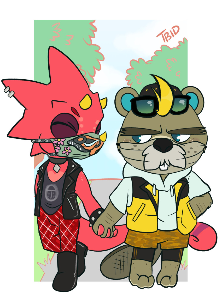 animal_crossing anthro beaver c.j._(animal_crossing) celestial chameleon choker duo eyewear flick_(animal_crossing) goth hand_holding hi_res jewelry lizard male male/male mammal mask necklace nintendo red_body red_scales reptile rodent scales scalie sunglasses video_games