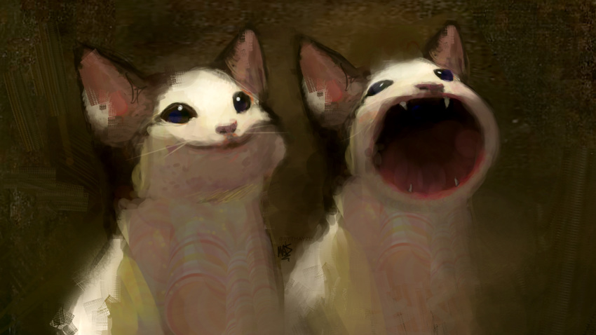 2020 ambiguous_gender brown_background brown_body brown_fur creepy digital_media_(artwork) digital_painting_(artwork) domestic_cat duo felid feline felis feral fur hi_res humor mammal meme multicolored_body multicolored_fur open_mouth rythaze signature simple_background smile two_tone_body two_tone_fur white_body white_fur why