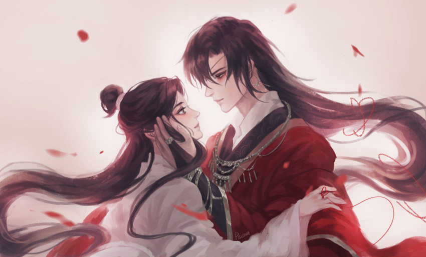 2boys absurdres artist_name black_eyes bridal_gauntlets chinese_clothes dreamingpool earrings eye_contact hand_on_another's_cheek hand_on_another's_face highres hua_cheng jewelry long_hair looking_at_another multiple_boys necklace string string_of_fate tian_guan_ci_fu very_long_hair wide_sleeves xie_lian yaoi