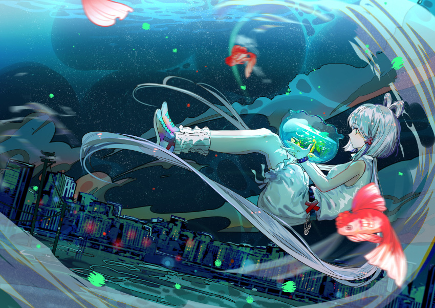 1girl absurdres bracelet commentary dress fish fishbowl from_side goldfish green_eyes grey_hair hair_rings highres holding island jamjar77 jewelry long_hair luo_tianyi motion_blur palm_tree shoes sneakers tree twintails underwater underwater_city very_long_hair vocaloid vsinger white_dress