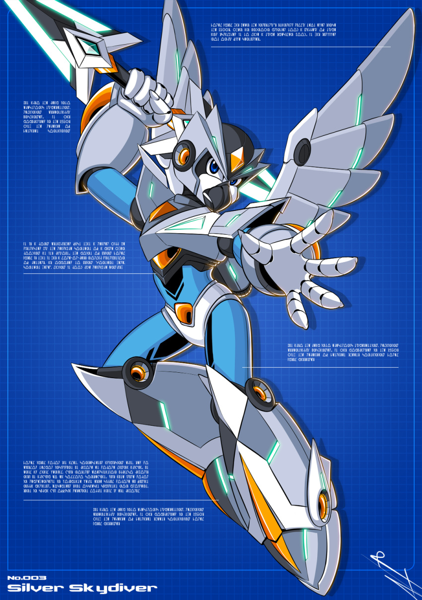 2020 action_pose anthro avian beak bird black_beak blue_body blue_eyes blueprint clenched_teeth euyoshi89 forehead_gem grey_beak hi_res holding_object holding_weapon machine male megaman_x melee_weapon metallic_body orange_beak orange_body polearm pose reploid robot shrike solo spear spread_wings teeth weapon white_beak wings