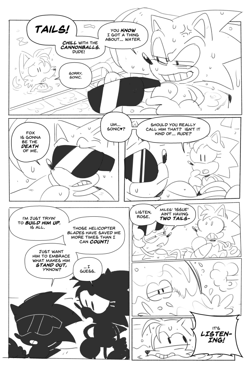 2019 anthro ballad-of-gilgalad biped black_and_white canid canine classic_amy_rose classic_sonic classic_sonic_(universe) classic_tails clenched_teeth clothing comic cross-popping_vein dialogue digital_media_(artwork) english_text eulipotyphlan eyewear female fox frown gloves group handwear hedgehog hi_res lying male mammal miles_prower monochrome on_back open_mouth sonic_the_hedgehog sonic_the_hedgehog_(series) speech_bubble splashing standing sunglasses swimming_pool teeth text vein water