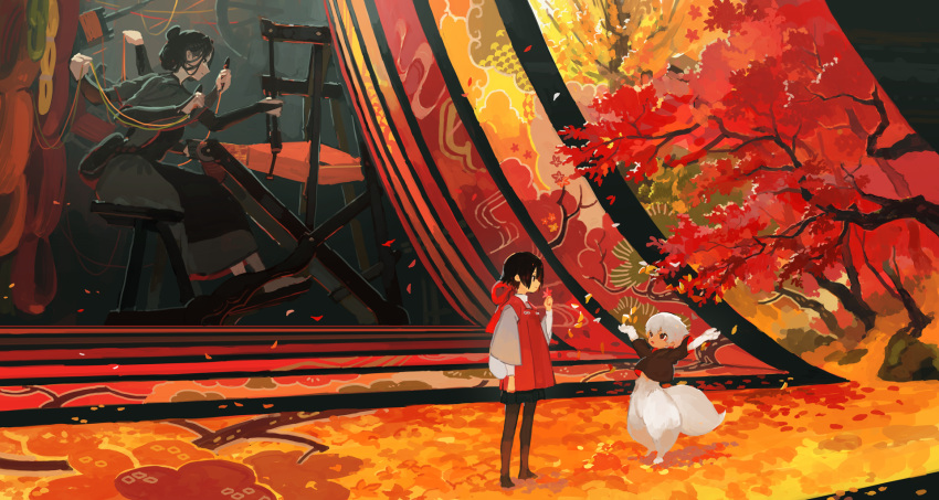 1boy 2girls arms_up autumn autumn_leaves black_dress black_eyes black_hair black_legwear black_shirt black_skirt child commentary_request dress extra_arms fabric falling_leaves full_body hair_bun highres holding holding_leaf holding_ribbon kitsune_(kazenouta) leaf long_sleeves loom maple_leaf monster_boy monster_girl multiple_girls open_mouth original outstretched_arms pantyhose paws profile red_dress ribbon scenery shirt short_sleeves sidelocks skirt smile spinning_wheel standing tagme tail thread tree white_hair wide_sleeves wolf_boy