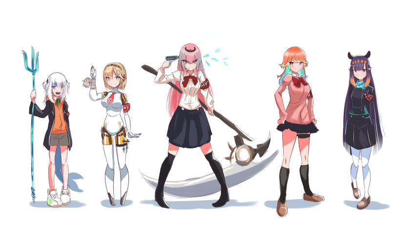 5girls aegis_(persona) aegis_(persona)_(cosplay) amada_ken amada_ken_(cosplay) android arm_up black_legwear blonde_hair bow collared_shirt cosplay crossover english_commentary evoker fish_tail gawr_gura gekkoukan_high_school_uniform gun gun_to_head hair_between_eyes highres holding holding_gun holding_weapon hololive hololive_english hood hoodie izanagi_no_ookami_p. joints kirijou_mitsuru kirijou_mitsuru_(cosplay) mori_calliope multicolored_hair multiple_girls mustache_print necktie ninomae_ina'nis open_mouth persona persona_3 pink_hair pointy_ears polearm red_eyes red_neckwear robot_joints school_uniform scythe shark_tail shirt shoes short_hair shorts simple_background sneakers standing streaked_hair tail takanashi_kiara takeba_yukari takeba_yukari_(cosplay) tentacle_hair thighhighs trident virtual_youtuber watson_amelia weapon white_background white_hair white_legwear white_shirt yamagishi_fuuka yamagishi_fuuka_(cosplay)