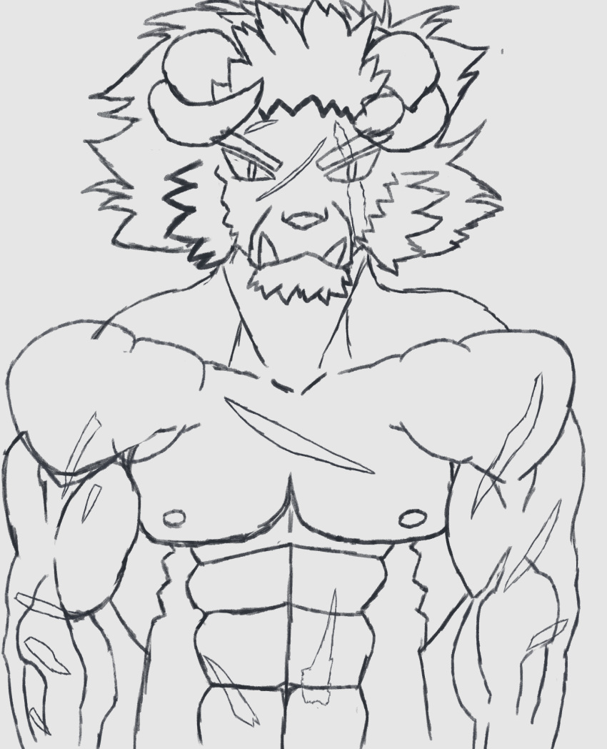 anthro black_body black_fur blossomingruin colored felid fur hi_res horn krampus_(housamo) lion male mammal muscular muscular_anthro muscular_male pantherine scar sketch solo tokyo_afterschool_summoners video_games