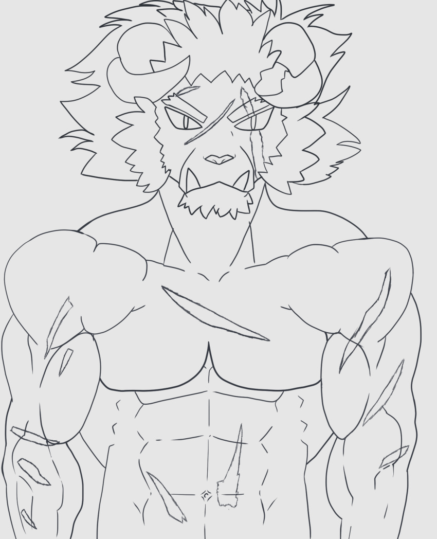 anthro black_body black_fur blossomingruin felid fur hi_res krampus_(housamo) line_art lion male mammal muscular muscular_anthro muscular_male pantherine scar solo tokyo_afterschool_summoners video_games