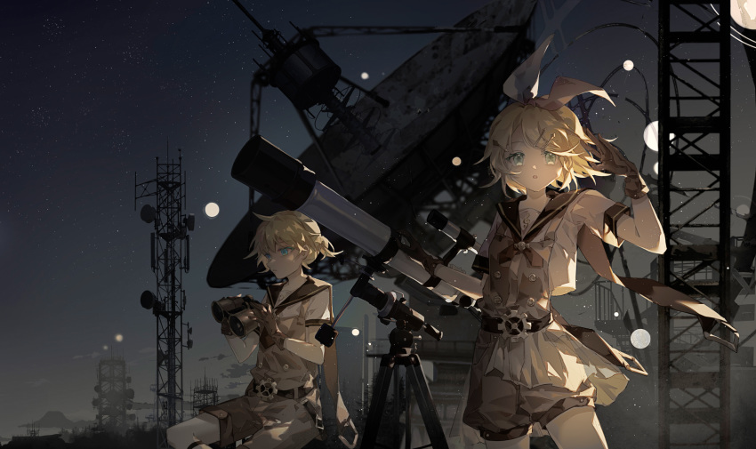 1boy 1girl amulet1998 aqua_eyes bangs bass_clef binoculars black_collar blonde_hair bow chinese_commentary collar commentary gears gloves hair_bow hair_ornament hairclip highres holding holding_binoculars kagamine_len kagamine_rin looking_at_viewer necktie night night_sky planet sailor_collar satellite_dish scenery shirt short_hair short_ponytail short_sleeves shorts sitting sky spiked_hair standing star_(sky) starry_sky swept_bangs telescope tower treble_clef vocaloid white_bow white_shirt