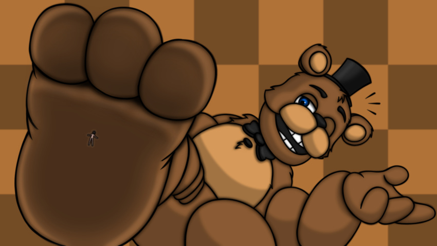 2020 3_toes 4_fingers abstract_background ambiguous_gender animatronic anthro big_feet black_hair blue_eyes bow_tie brown_background brown_body brown_fur checkered_background clothing duo featureless_crotch feet fingers five_nights_at_freddy's foot_fetish foot_focus freddy_(fnaf) fur hair half-closed_eyes hat headgear headwear hi_res human human_on_anthro interspecies lying machine male male/ambiguous male_focus mammal micro narrowed_eyes nude on_side one_eye_closed open_mouth pattern_background raised_leg robot round_ears short_hair simple_background size_difference smashcuenta123 smile squish tan_body tan_skin teeth toes top_hat ursid video_games