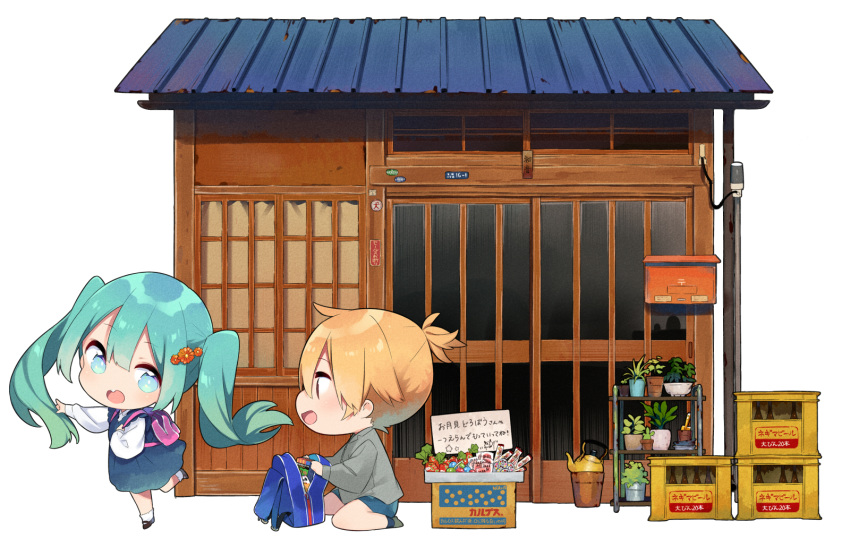 1boy 1girl architecture backpack bag blue_dress box candy chibi child commentary crate dress east_asian_architecture flower food grey_shirt hair_flower hair_ornament hatsune_miku highres kagamine_len long_hair painttool_sai_(medium) pinafore_dress plant potted_plant sama school_uniform shelf shirt shorts sitting teapot tsukimi twintails very_long_hair vocaloid wariza white_background