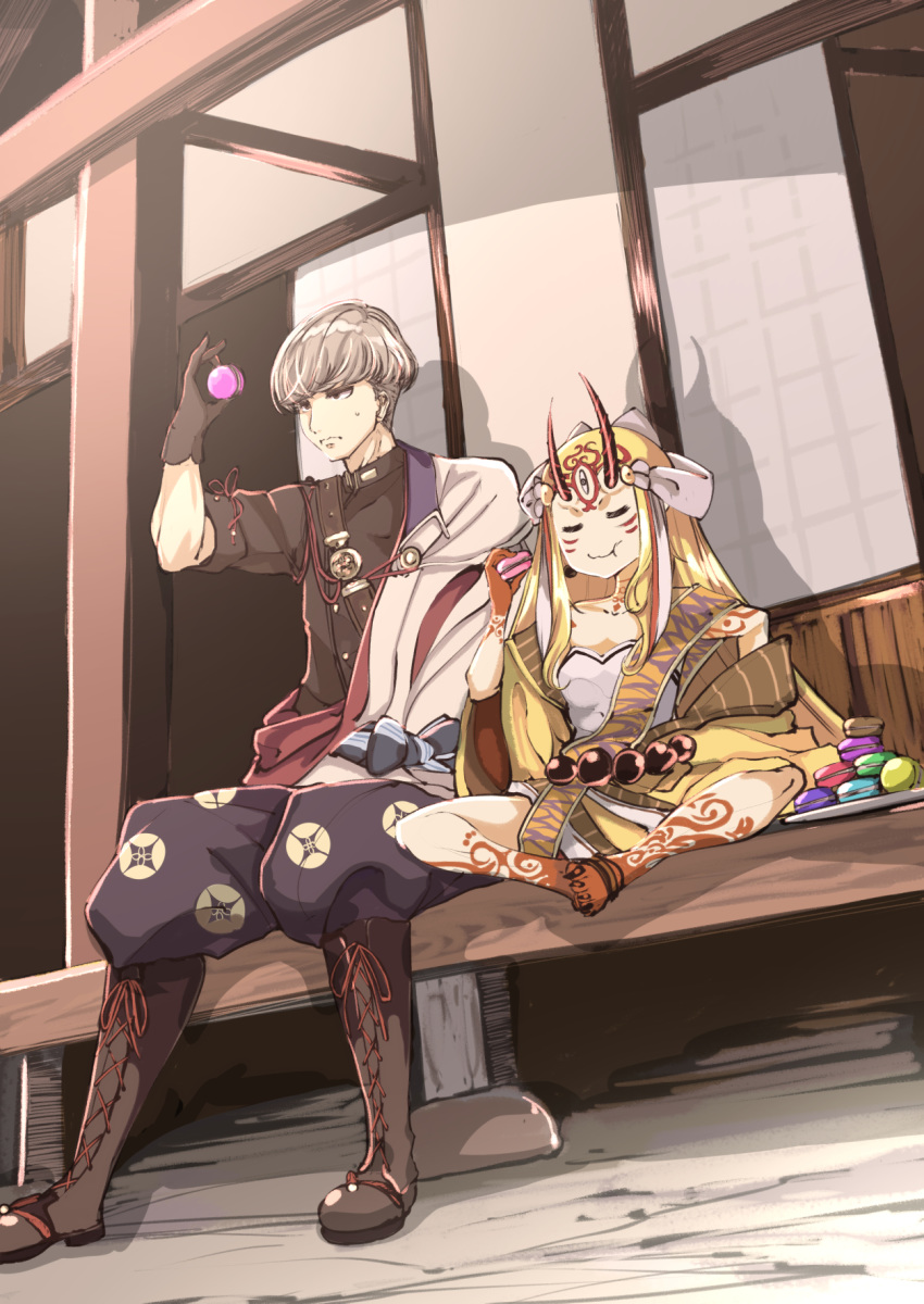 1boy 1girl architecture black_gloves blonde_hair boots east_asian_architecture eating fate/grand_order fate_(series) food gloves grey_hair grimjin highres horns ibaraki_douji_(fate/grand_order) macaron oni_horns sitting watanabe_no_tsuna_(fate/grand_order)