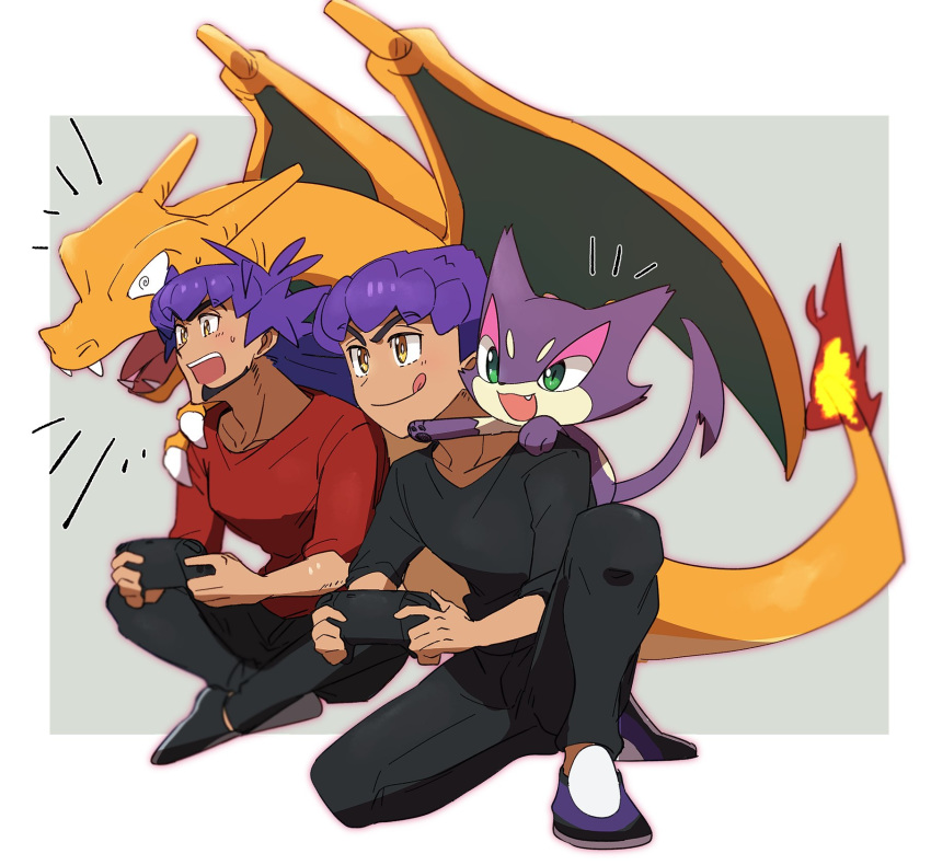 2boys :q @_@ alternate_costume bangs black_pants black_shirt brothers charizard facial_hair fire flame gen_1_pokemon gen_5_pokemon highres holding hop_(pokemon) leon_(pokemon) long_hair male_focus morio_(poke_orio) multiple_boys open_mouth pants pokemon pokemon_(creature) pokemon_(game) pokemon_on_back pokemon_swsh purple_hair purrloin red_shirt shirt shoes short_hair siblings smile sweatdrop teeth tongue tongue_out yellow_eyes