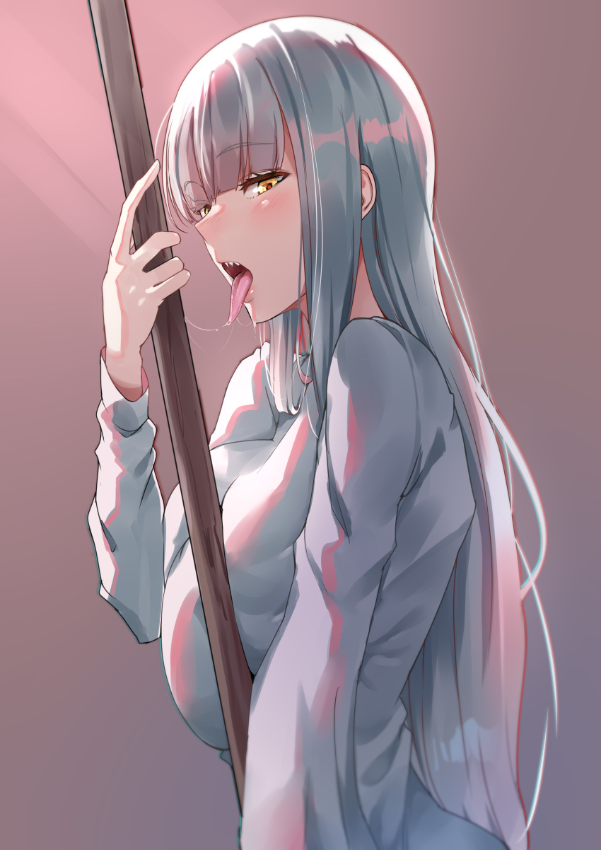 1girl absurdres blinkblink_art blush breasts broom eyebrows_visible_through_hair highres holding holding_broom licking long_hair looking_at_viewer open_mouth orange_eyes original saliva sharp_teeth silver_hair simple_background solo teeth tongue tongue_out turtleneck