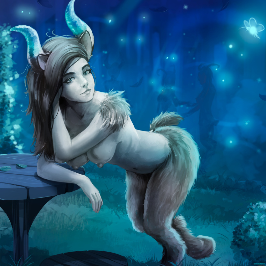 1:1 2020 absurd_res alcor90 animal_humanoid breasts eyebrows female fingers fur grass hair hi_res horn humanoid long_hair looking_at_viewer navel night nipples outside satyr solo_focus