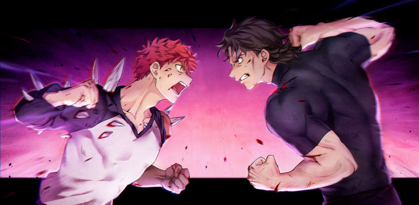 2boys battle blood brown_hair clenched_hands emiya_shirou emphasis_lines eye_contact fate/stay_night fate_(series) fighting_stance fist_fight heaven's_feel highres kotomine_kirei looking_at_another male_focus multiple_boys muscle punching red_hair sword torn_clothes tuto_(mokuchin09) upper_body weapon