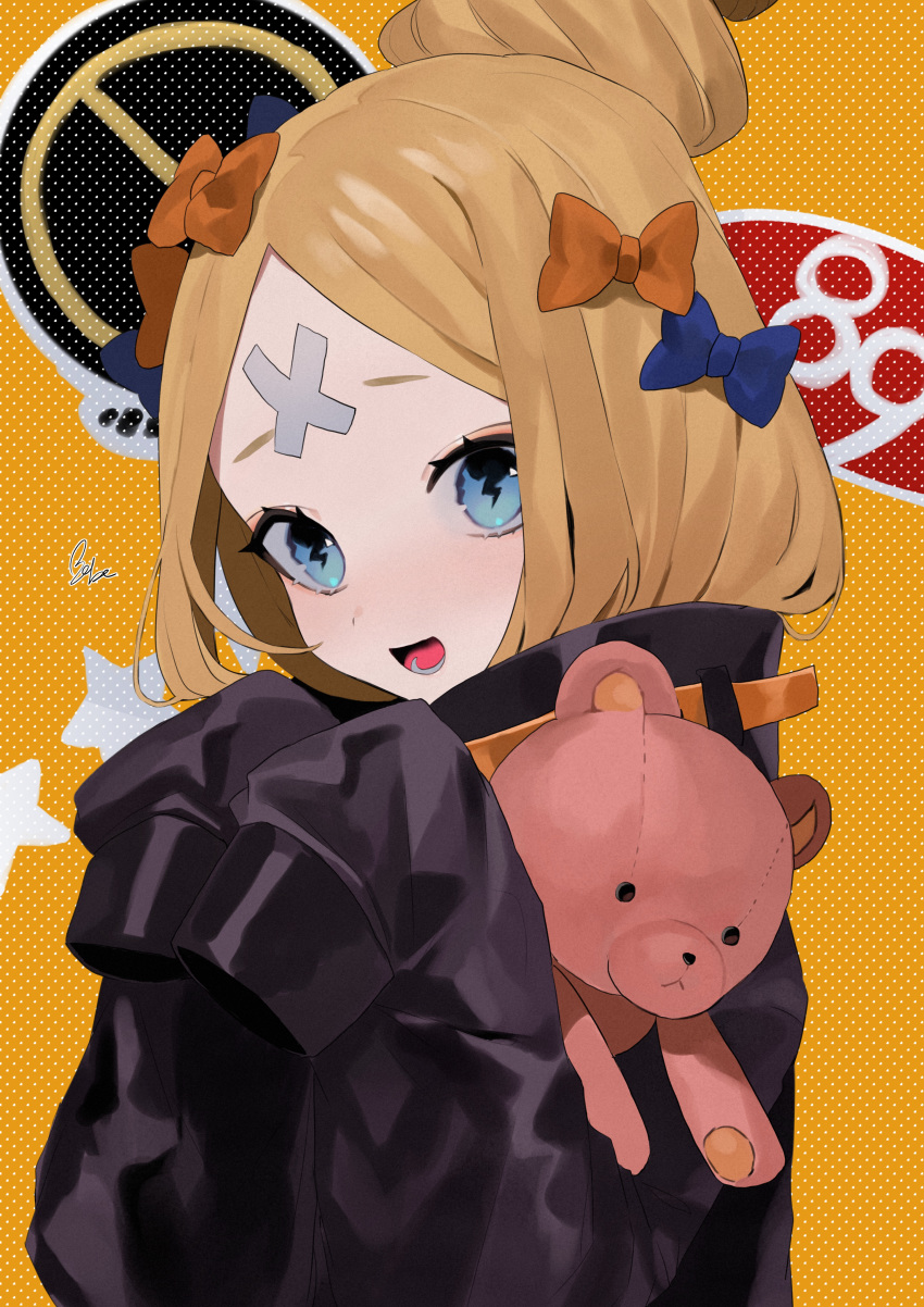 1girl abigail_williams_(fate/grand_order) absurdres bandaid bandaid_on_forehead bangs bebe_pp black_bow black_jacket blonde_hair blue_eyes blush bow breasts crossed_bandaids fate/grand_order fate_(series) forehead hair_bun heroic_spirit_traveling_outfit highres jacket long_hair long_sleeves looking_at_viewer multiple_bows open_mouth orange_belt orange_bow parted_bangs sleeves_past_fingers sleeves_past_wrists small_breasts smile stuffed_animal stuffed_toy teddy_bear