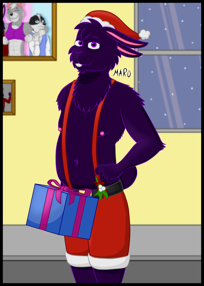 2020 absurd_res anthro black_border border christmas christmas_clothing christmas_headwear clothed clothing digital_media_(artwork) fur gift hat headgear headwear hi_res holidays lagomorph leporid looking_at_viewer male mammal maro_(marothedarkrabbit) marothedarkrabbit_(artist) merry_christmas mistletoe nipples nude plant purple_body purple_eyes purple_fur rabbit santa_hat simple_background slightly_chubby smile solo