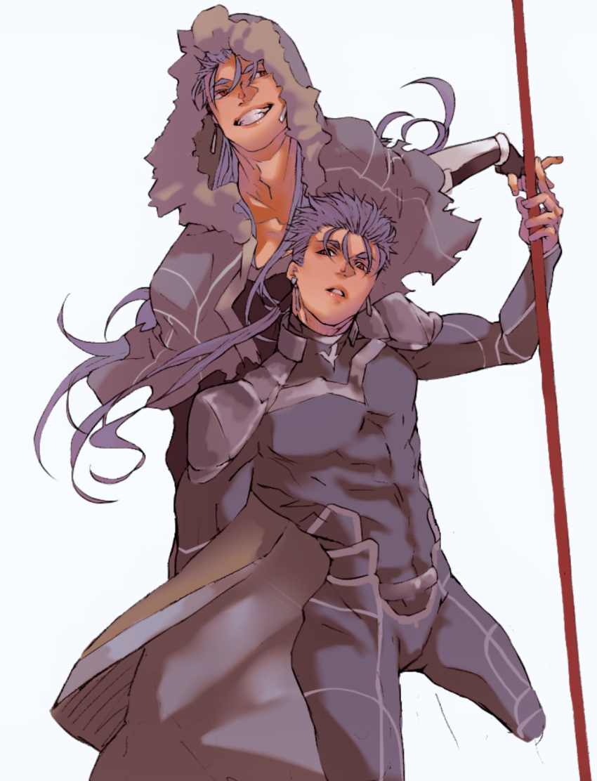 2boys abs armor beads blue_hair bodysuit capelet closed_mouth cu_chulainn_(fate)_(all) cu_chulainn_(fate/grand_order) don_(sjag3855) earrings fang fate/grand_order fate/stay_night fate_(series) floating_hair fur-trimmed_hood fur_trim gae_bolg grin hair_beads hair_ornament highres holding holding_polearm holding_weapon hood hood_up hooded_capelet jewelry lancer long_hair looking_to_the_side male_focus multiple_boys multiple_persona muscle pauldrons pectorals polearm ponytail red_eyes shoulder_armor simple_background skin_tight slit_pupils smile spiked_hair type-moon weapon white_background