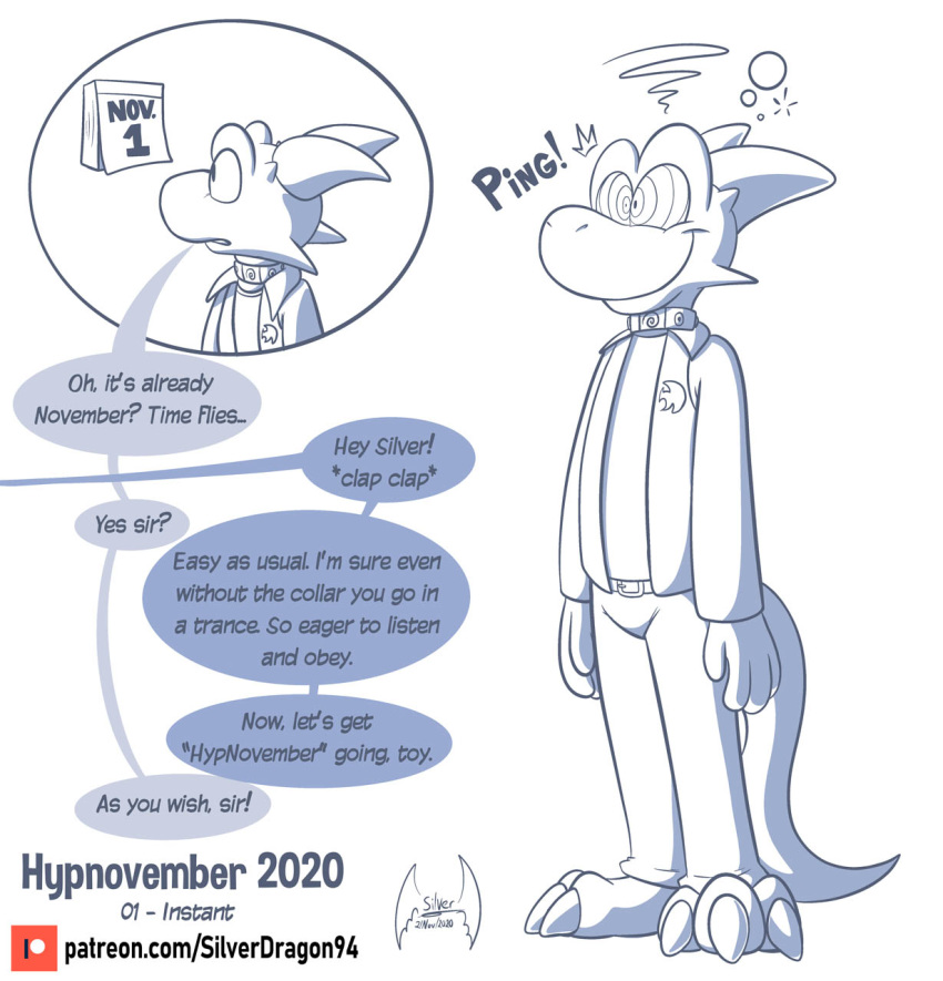2020 3_toes 4_fingers anthro calendar claws clothed clothing collar digital_drawing_(artwork) digital_media_(artwork) dragon english_text fingers hi_res horn hypnodid hypnosis hypnovember male mind_control offscreen_character onomatopoeia ringed_eyes scalie simple_background smile solo soul-silver-dragon soul-silver-dragon_(character) sound_effects standing text toe_claws toes toony topwear url vest white_background