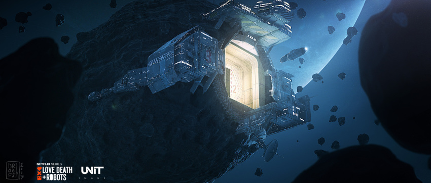 asteroid commentary concept_art dated dofresh english_commentary highres logo love_death_+_robots no_humans planet scenery science_fiction signature space space_craft space_station star_(sky)