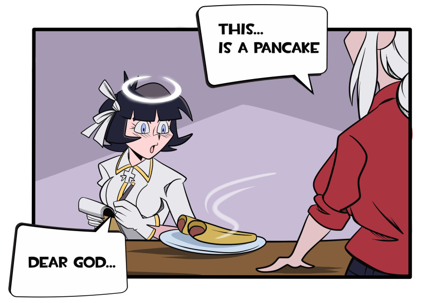 2girls absurdres angel azazel_(helltaker) black_hair blue_eyes cross crossover demon_girl dish english_text food frank_araya halo helltaker highres holding holding_notepad lucifer_(helltaker) multiple_girls notepad pancake pencil short_hair speech_bubble table team_fortress_2 white_hair writing