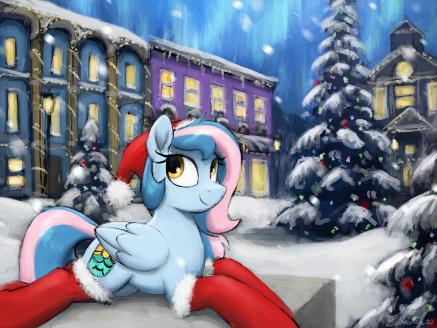 2020 4:3 absurd_res building christmas christmas_clothing christmas_headwear clothing cutie_mark detailed_background equid equine fan_character female feral hasbro hat headgear headwear hi_res holidays mammal my_little_pony outside pegasus santa_hat selenophile smile snow solo wings winter