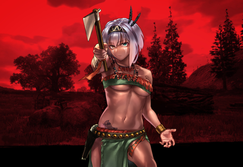 1girl aqua_eyes asatsuki_(cookie) bandages bangs beads belt beltbra bird bra bracer breasts closed_mouth collarbone commentary_request cookie_(touhou) cowboy_shot crossover eyebrows_visible_through_hair eyes_visible_through_hair feathers green_bra hair_between_eyes hair_feathers hatchet heterochromia holding holding_hatchet holding_weapon holster jewelry konpaku_youmu looking_at_viewer medium_breasts megafaiarou_(talonflame_810) midriff native_american navel necklace pelvic_curtain red_dead_redemption red_theme rock short_hair solo standing studded_belt tan tattoo touhou tree underboob underwear weapon white_hair yellow_eyes