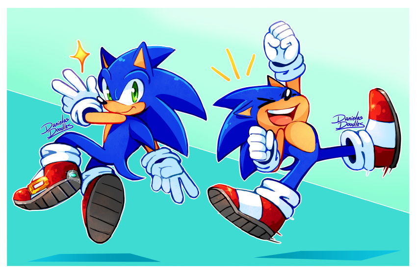 2020 5_fingers absurd_res anthro clothing danielasdoodles eulipotyphlan eyes_closed fingers footwear gloves green_eyes handwear hedgehog hi_res male mammal open_mouth open_smile pose signature simple_background smile sonic_the_hedgehog sonic_the_hedgehog_(series) teeth video_games