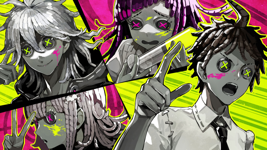 2boys 2girls absurdres ahoge blood blood_on_face brown_hair button_eyes close-up commentary crossover danganronpa face grey_hair grey_shirt highres hinata_hajime holding holding_syringe identity_v index_finger_raised jacket komaeda_nagito lam long_hair medium_hair messy_hair multiple_boys multiple_girls nanami_chiaki necktie open_mouth pink_background pink_blood ram_(ramlabo) second-party_source shirt short_hair super_danganronpa_2 syringe tsumiki_mikan v yellow_background yellow_blood