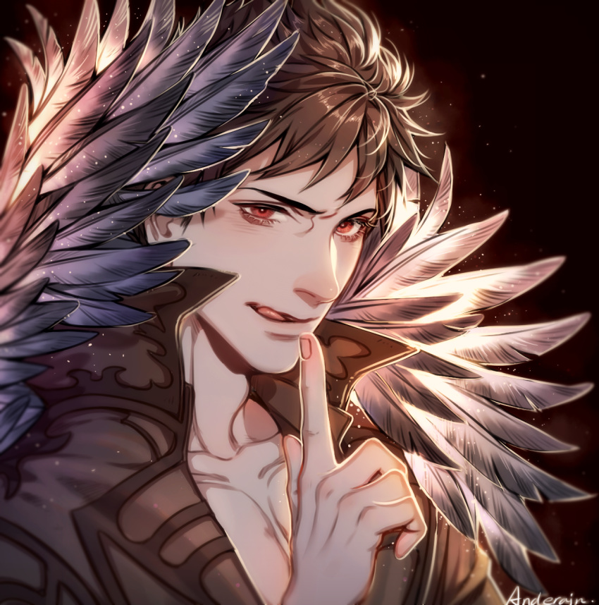 1boy belial_(granblue_fantasy) black_hair black_shirt cang_fade feather_boa finger_to_mouth granblue_fantasy highres licking_lips looking_at_viewer male_focus pectorals red_eyes shirt solo tongue tongue_out