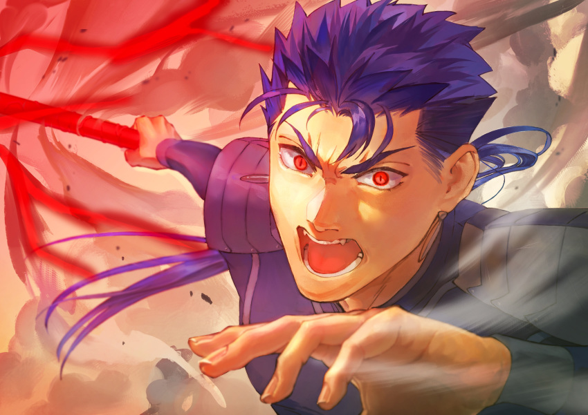 1boy absurdres angry armor blue_hair cu_chulainn_(fate)_(all) earrings fangs fate/stay_night fate_(series) floating_hair gae_bolg hand_up highres holding holding_polearm holding_weapon jewelry lancer long_hair male_focus ohagi_(takao) open_mouth pauldrons polearm ponytail red_eyes shoulder_armor slit_pupils solo spiked_hair tongue type-moon weapon