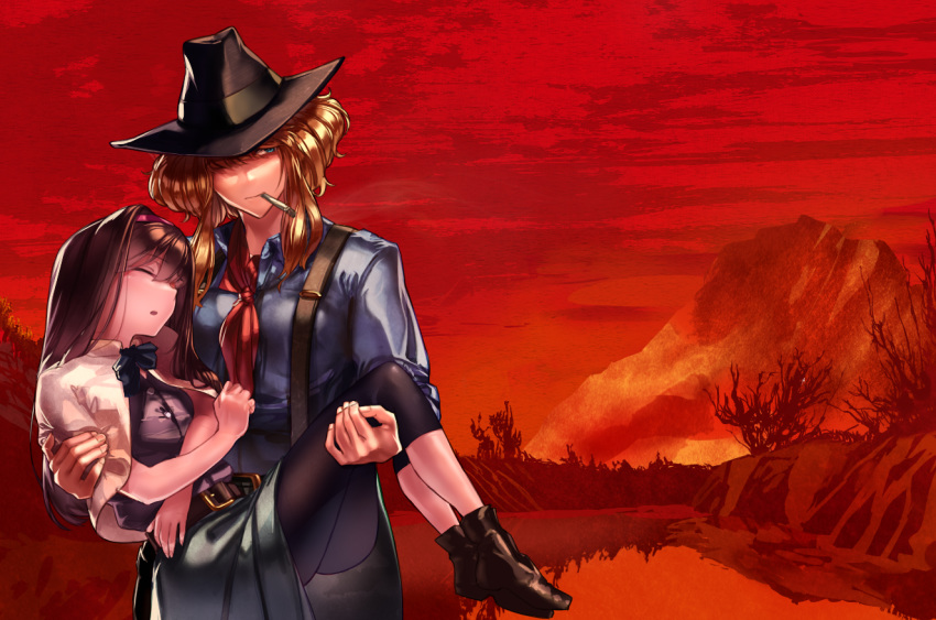 2girls alice_margatroid ascot bangs belt black_bow black_footwear black_headwear black_legwear blonde_hair blue_eyes blue_shirt bow bowtie brown_belt brown_hair buckle bush capelet carrying cigarette closed_eyes closed_mouth commentary_request cookie_(touhou) cowboy_hat cowboy_shot crossover eyebrows_visible_through_hair full_body green_skirt hair_between_eyes hair_over_one_eye hairband hat ichigo_(cookie) jigen_(cookie) long_hair looking_to_the_side medium_hair megafaiarou_(talonflame_810) mountain multiple_girls princess_carry purple_shirt red_dead_redemption red_neckwear red_sky red_theme river shirt shoes sidelocks skirt sky standing suspenders thighhighs touhou western white_capelet