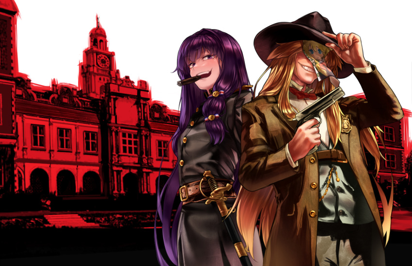 1boy 1girl adjusting_clothes adjusting_headwear bangs belt black_coat blonde_hair bow bowtie brown_belt brown_coat brown_headwear building buttons cigar clock coat commentary_request cookie_(touhou) cowboy_hat cowboy_shot crossover eyebrows_visible_through_hair genderswap genderswap_(ftm) green_vest gun handgun hat hazuna_rio holding holding_gun holding_weapon jacket kirisame_marisa long_hair looking_at_viewer megafaiarou_(talonflame_810) open_clothes open_jacket open_mouth patchouli_knowledge pistol popped_collar purple_eyes purple_hair rapier red_dead_redemption red_neckwear red_theme scabbard sheath sheriff_badge shirt sidelocks sky smile standing sword taisa_(cookie) teeth touhou vest weapon western white_shirt white_sky window