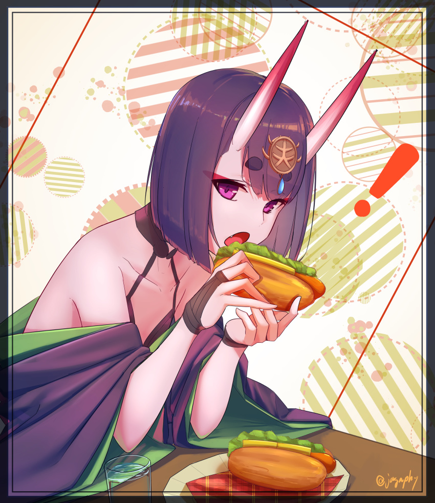 ! 1girl absurdres bangs bare_shoulders bob_cut breasts bridal_gauntlets collarbone cup eating eyeliner fate/grand_order fate_(series) headpiece highres horns hot_dog japanese_clothes kimono long_sleeves looking_at_viewer makeup off_shoulder oni oni_horns open_mouth plate purple_eyes purple_hair purple_kimono revealing_clothes sawarineko short_hair shuten_douji_(fate/grand_order) skin-covered_horns small_breasts wide_sleeves
